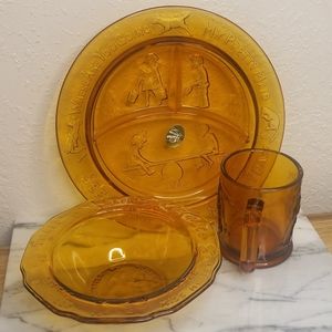 Vintage Tiara Amber Glass Nursery Rhyme Dish Set